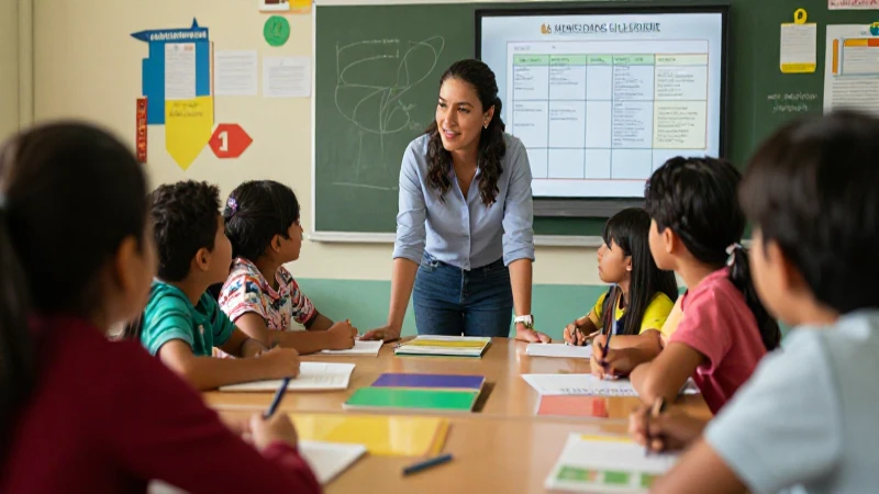 Mejora tutorías: evaluación y criterios en Nueva Escuela 5 Profesora colaborando con estudiantes en un aula moderna y vibrante