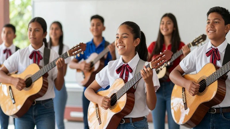 Estudiantes mexicanos alegres tocan música tradicional