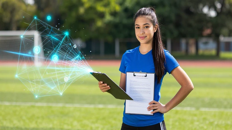 Estudiante mexicano deportivo evalúa datos en campo moderno