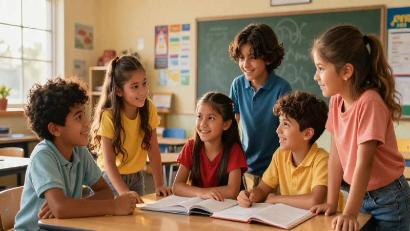 Niños mexicanos felices colaboran en aula moderna