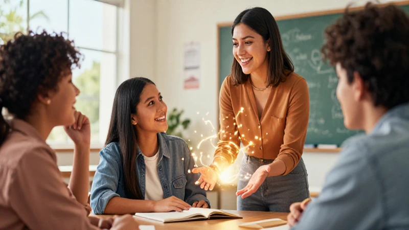 Ilustración vibrante de un estudiante y su maestra