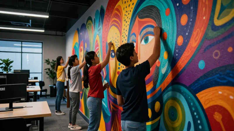Explora la educación artística vanguardista en la nueva escuela mexicana 4 Estudiantes mexicanos creando mural artístico vibrante
