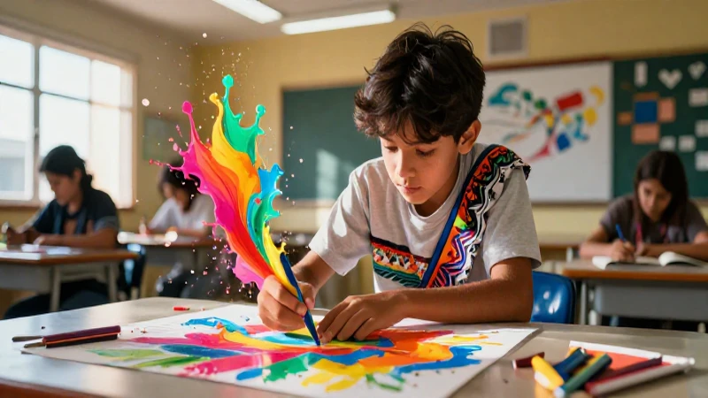 Explora la educación artística vanguardista en la nueva escuela mexicana 3 Estudiante creativo en aula de arte mexicano vibrante