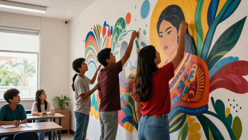 Revolutionize Visual Arts Education in Mexico with the New Mexican School 3 Estudiantes mexicanos crean mural vibrante en aula moderno