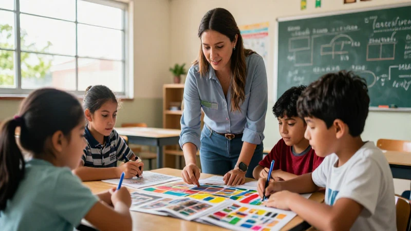 Guía práctica para implementar la Nueva Escuela Mexicana 4 Educadora guía alumnos en vibrante proyecto escolar