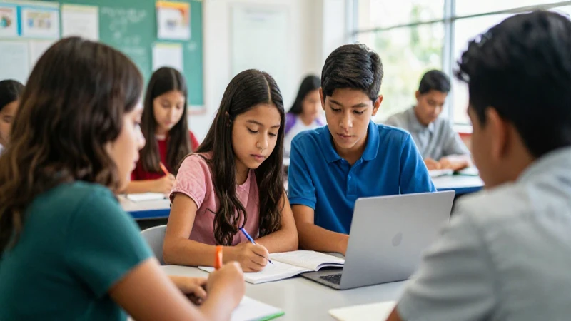 Jóvenes mexicanos colaborando en aula moderna