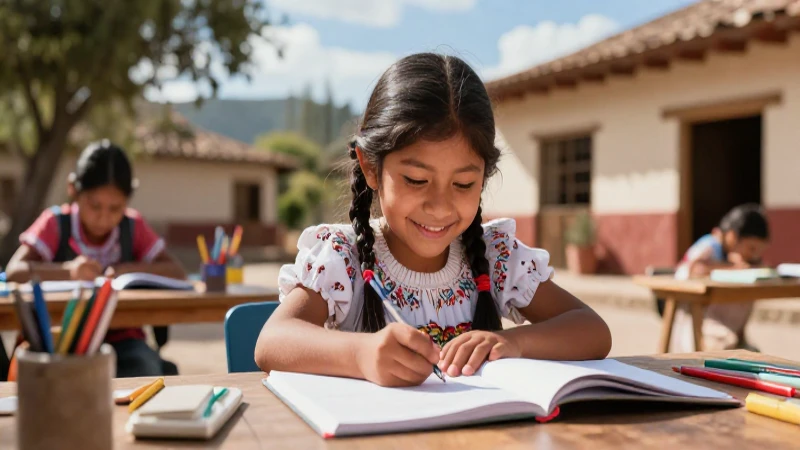 Niño indígena feliz aprende en un bello campo mexicano