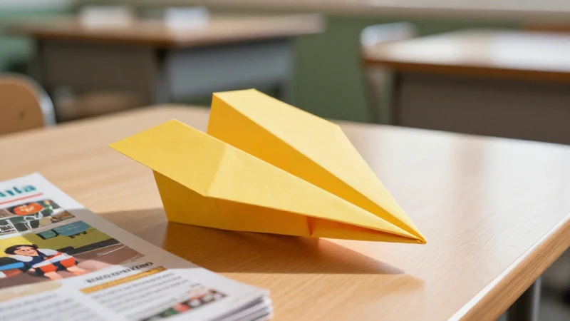 Avión de papel vibrante con estética educativa en escritorio