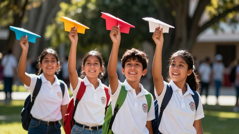 Niños mexicanos felices juegan con aviones de papel