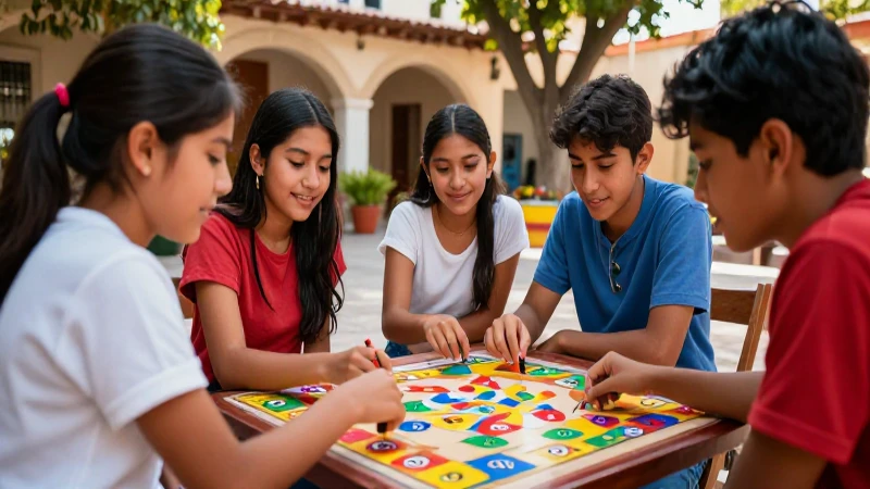 Estudiantes mexicanos juegan un juego tradicional en un patio vibrante