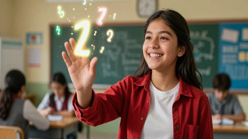 Estudiante sonriente interactúa con conceptos matemáticos luminosos