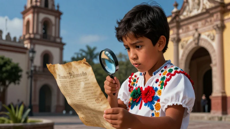 Niño mexicano estudia antiguo pergamino con curiosidad