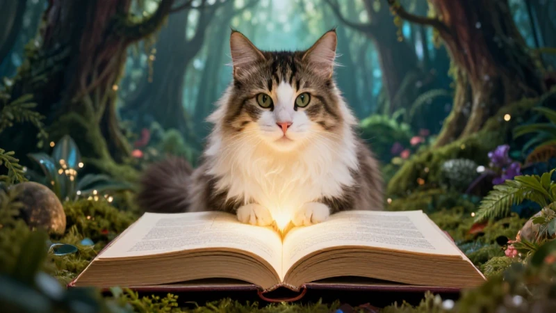 Gato elegante lee un libro mágico en un bosque