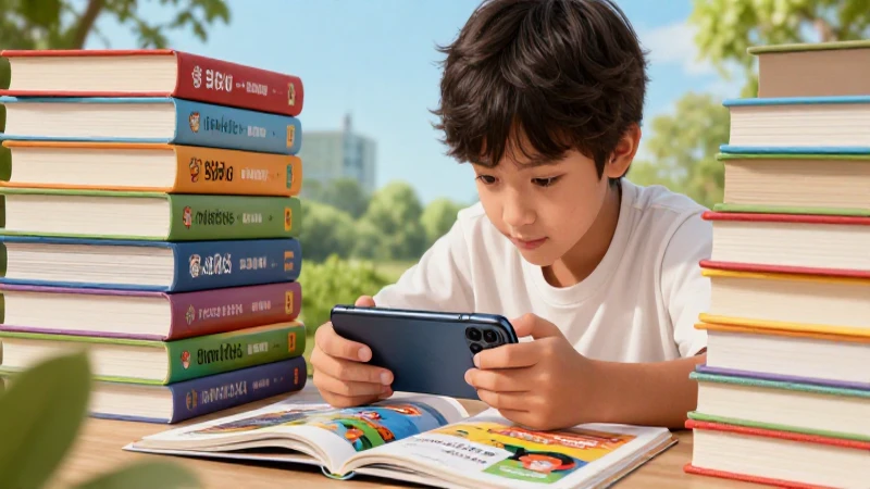 La mejor app para leer libros en tu celular: ¡Te sorprenderá! 3 Estudiante lee en móvil rodeado de libros coloridos
