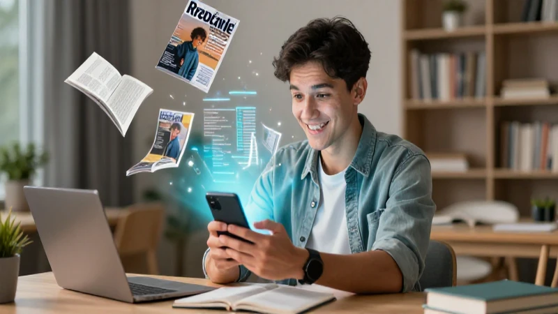La mejor app para leer libros en tu celular: ¡Te sorprenderá! 5 Estudiante feliz con libros holográficos modernos