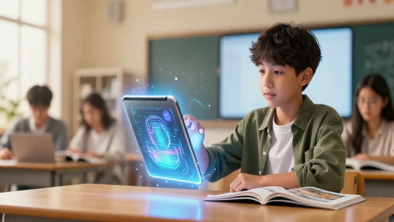 La biblioteca digital que revolucionará tu experiencia de lectura 3 Estudiante aprende con un libro digital luminoso y futurista