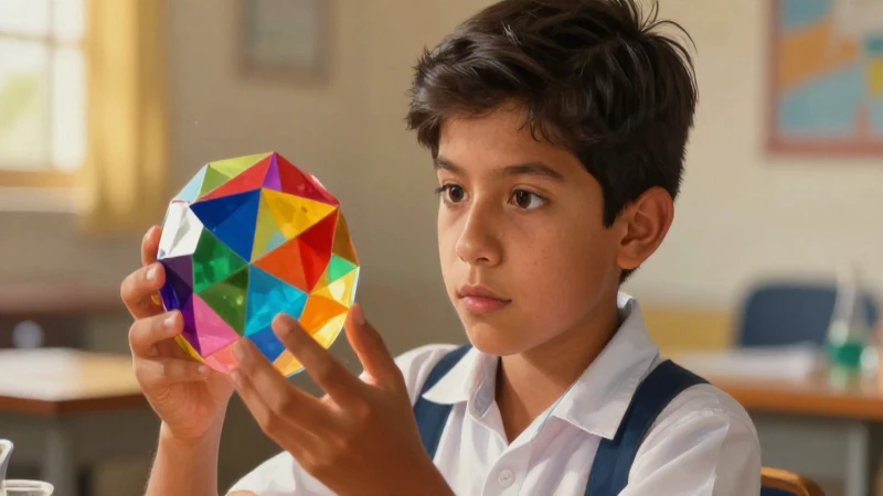 Estudiante mexicano curioso con objeto abstracto y luz dorada