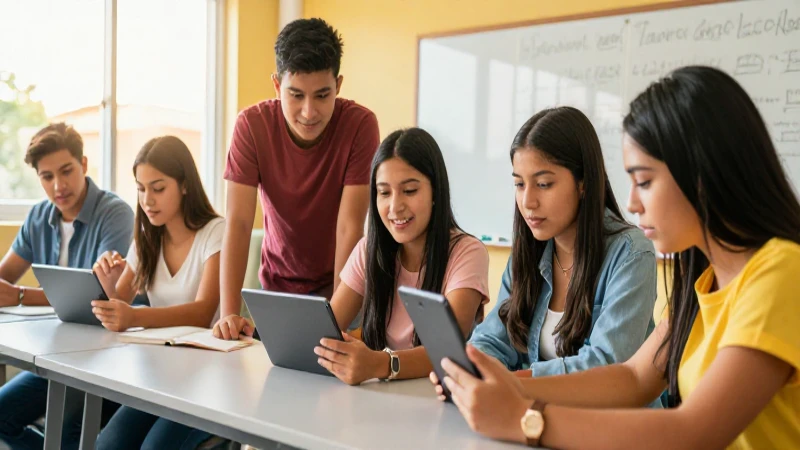 Jóvenes mexicanos colaborando dinámicamente con tecnología