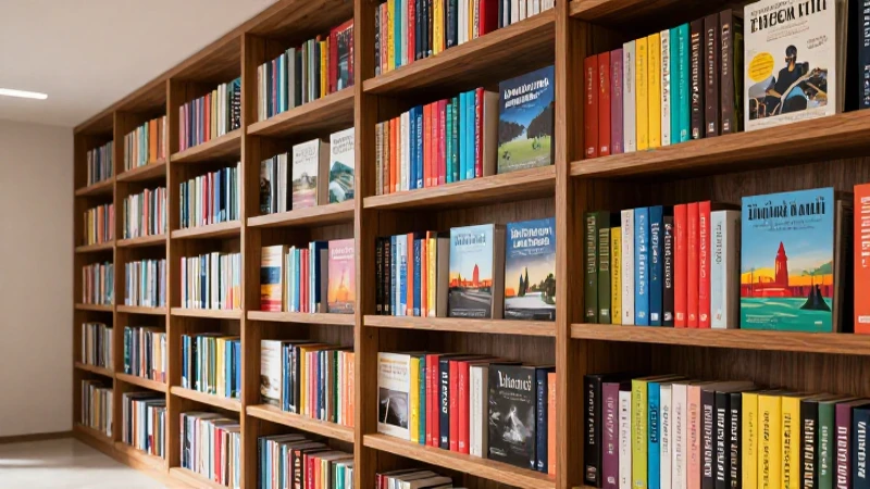 Estante de madera organizado con libros coloridos