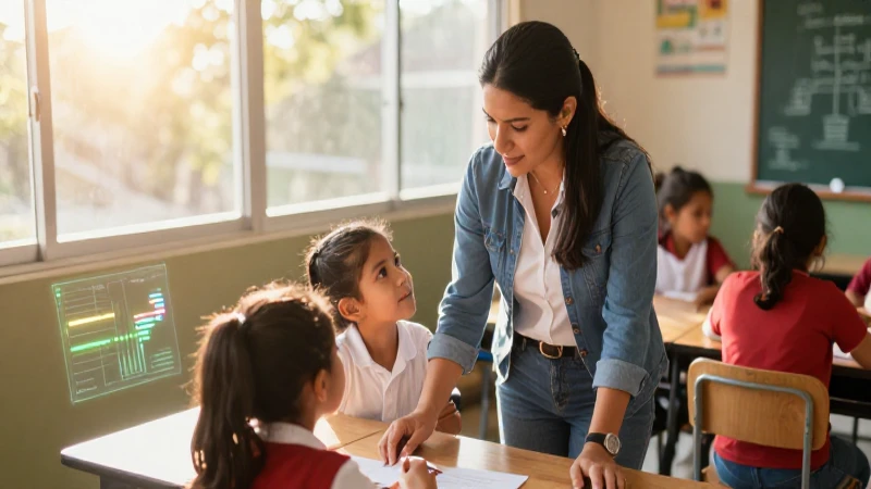 Maestra guía estudiante con luz dorada y modernidad