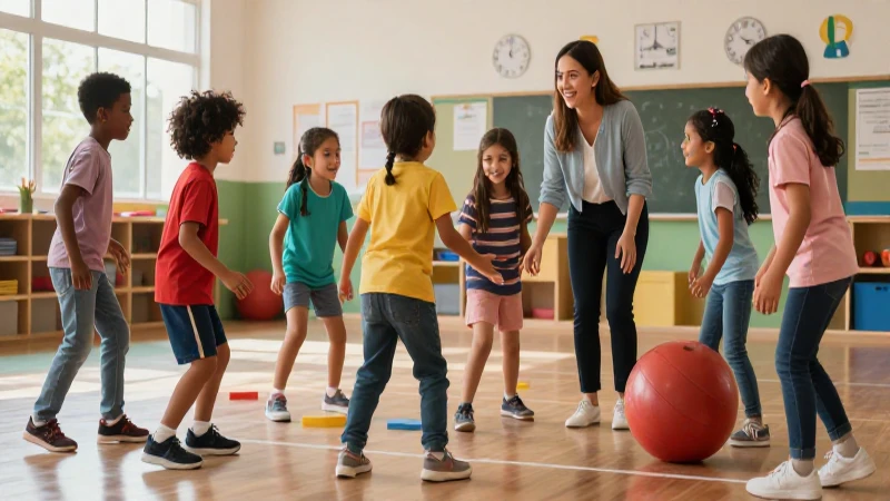 Prácticas inclusivas en educación física: promoviendo igualdad en la escuela 5 Niños diversos jugando bajo guía inclusiva