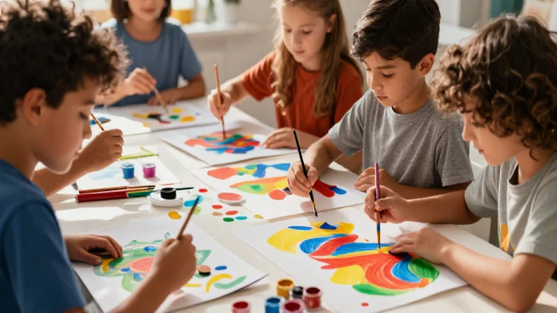 Niños creando arte abstracto vibrante con luz cálida