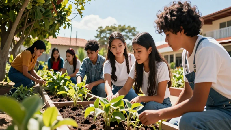 Estudiantes colaboran en un vibrante jardín educativo