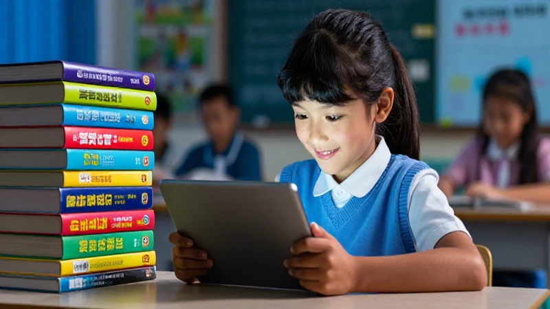 Joven feliz aprende con tablet y libros
