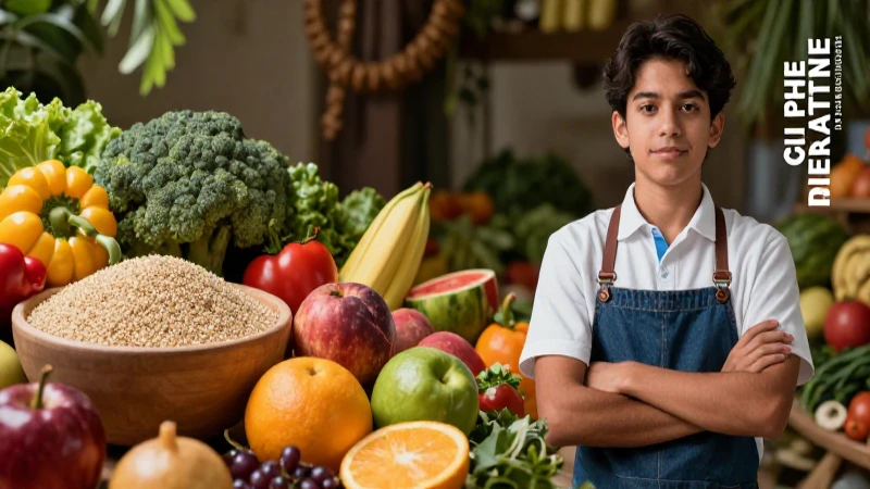 Retrato vibrante de estudiante con ingredientes mexicanos frescos