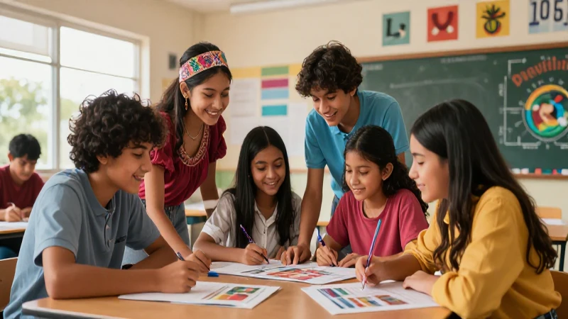 Estudiantes mexicanos colaboran en un aula moderna y luminosa