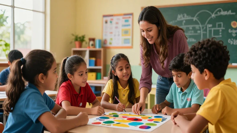 Niños colaboran en proyecto colorido en aula moderna