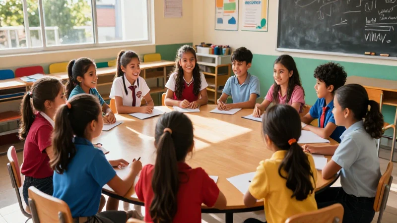 Niños mexicanos felices colaboran en su aula moderna