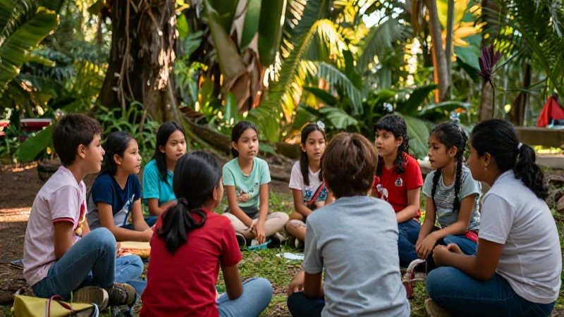 Niños mexicanos aprendiendo en un bosque vibrante
