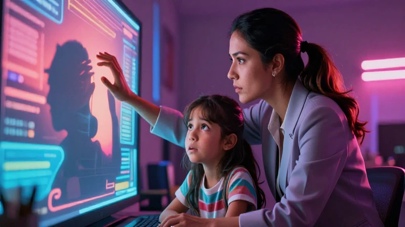 Protege a tus hijos: Evita el ciberacoso en la escuela digital ¡Conoce cómo! 3 Profesora guía niño en escena vibrante