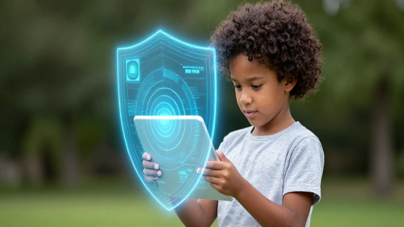 Protege a tus hijos: Evita el ciberacoso en la escuela digital ¡Conoce cómo! 4 Niño diverso con tablet en escudo digital