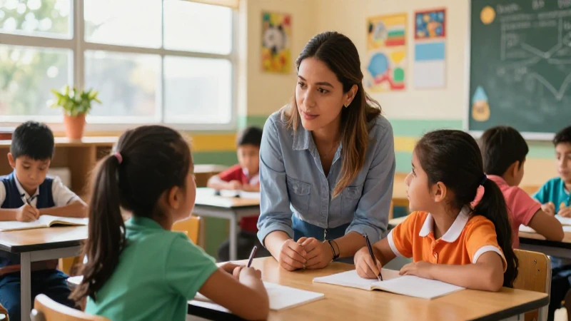 Maestra guiando niños en aula moderna y cálida