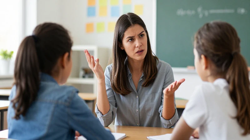 Maestra media conflicto, alumnos conversan en aula moderna
