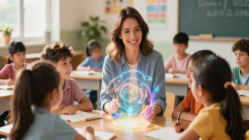 Profesora bondadosa guía a alumnos alegres
