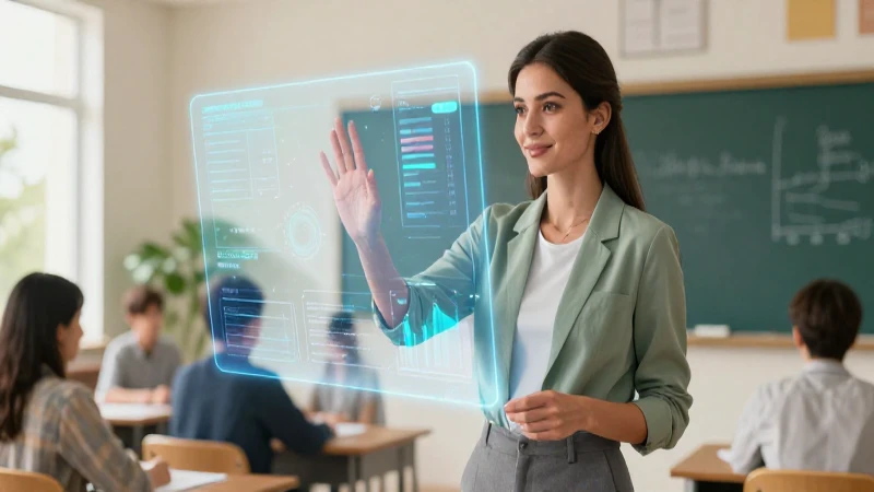 Maestra interactúa con tecnología holográfica moderna