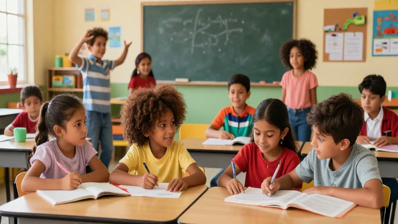 Aula mexicana inclusiva, ilustración vibrante y detallada
