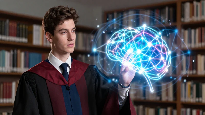 Estudiante interactúa con red neuronal brillante
