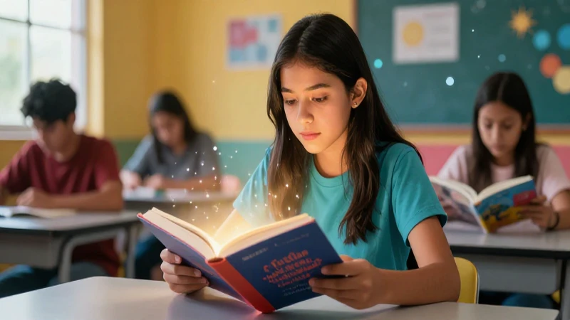 Estudiante lee libro luminoso en aula moderna
