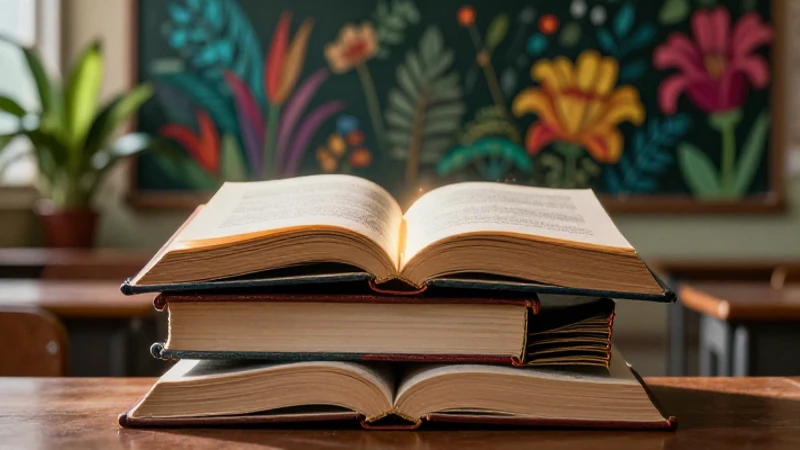 Libros vintage iluminados sobre fondo mexicano vibrante