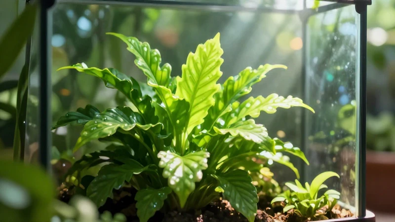 Planta verde vibrante en terrario moderno