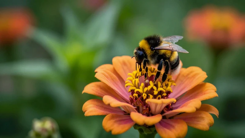 Abeja recolectando polen en flor vibrante