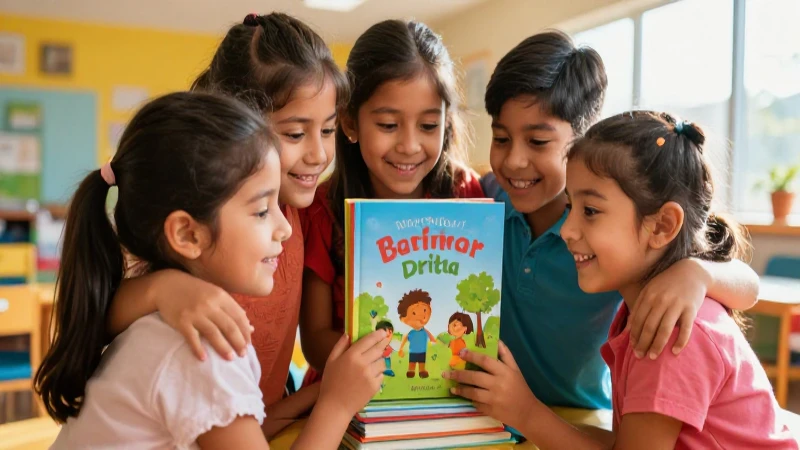 Niños mexicanos felices con libros coloridos y modernos