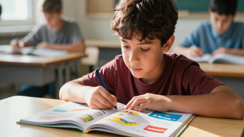 Mejora tu aprendizaje: innovaciones en libros de texto de secundaria 3 Estudiante curioso con libro colorido y luz vibrante
