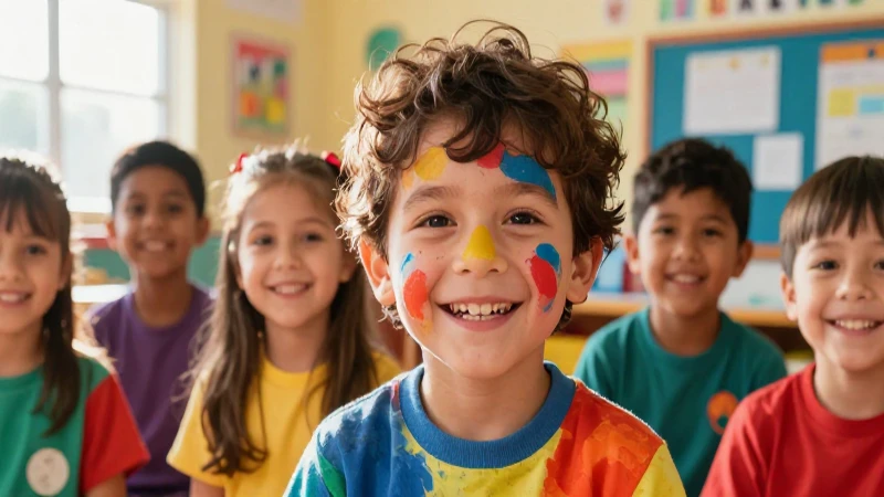 Cómo soy Actividades de Preescolar sobre Rasgos Físicos 3 Niño alegre en aula con formas abstractas vibrantes