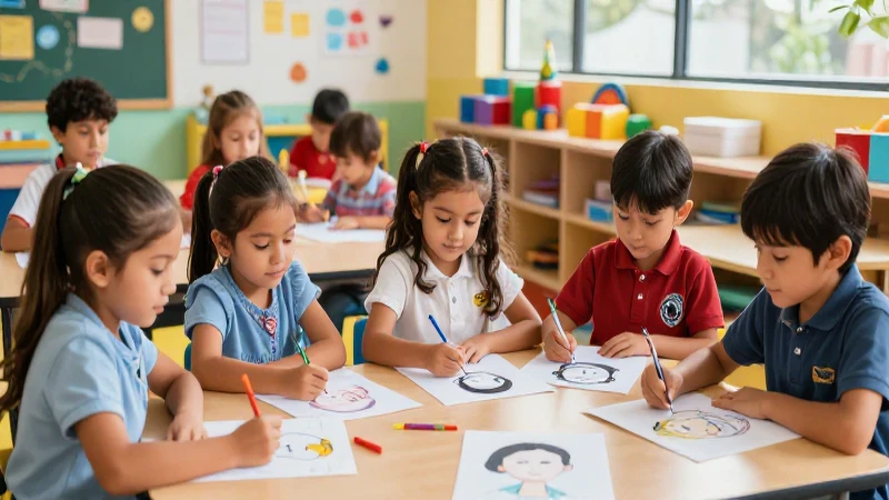 Cómo soy Actividades de Preescolar sobre Rasgos Físicos 5 Niños alegres dibujando en un estilo mexicano vibrante