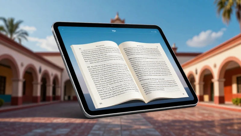 Tableta con libro digital en fondo arquitectónico mexicano